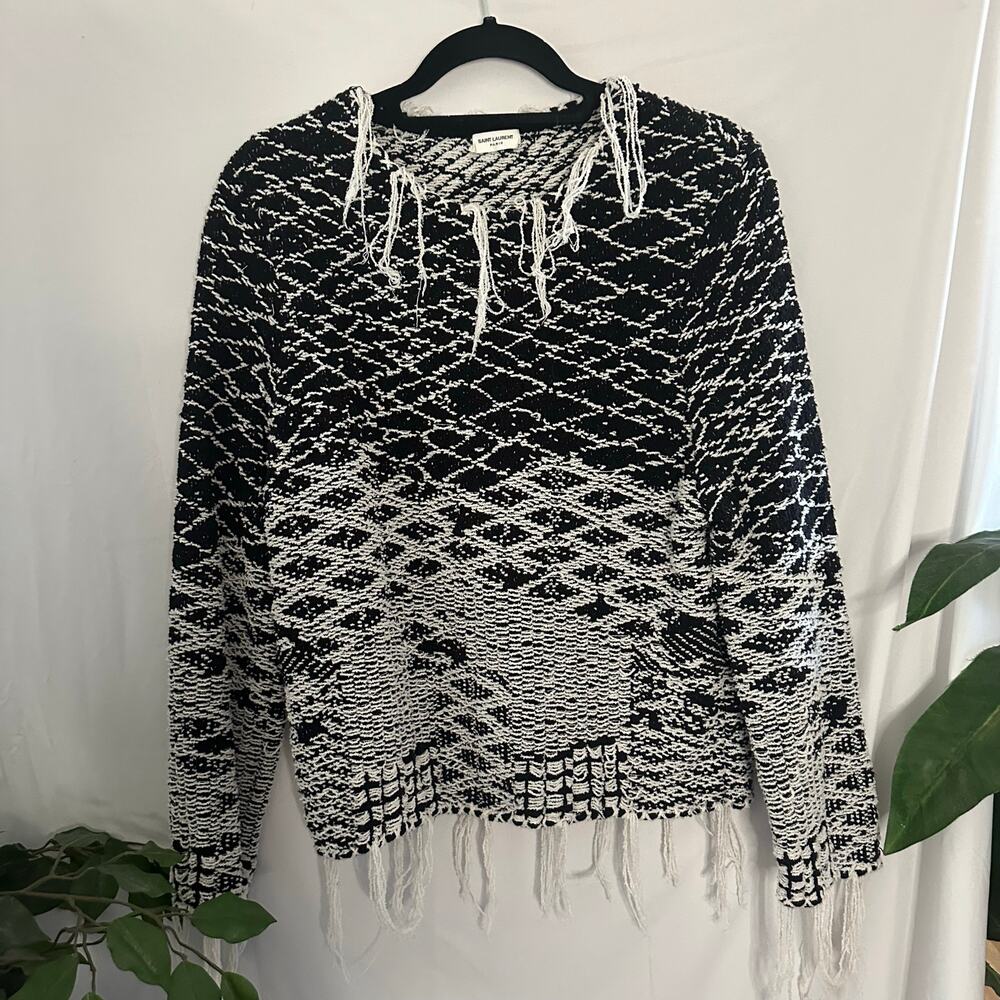 Saint Laurent Cropped Jacquard Sweater Natural Black Small - Picture 4 of 8